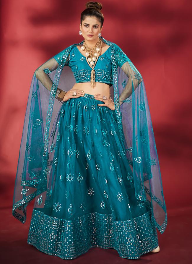 Net Teal Blue  Wedding Wear Embroidery Sequence Work Lehenga Choli